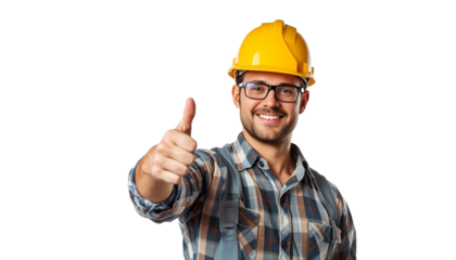 A smiling construction worker giving a thumbs up on transparent background