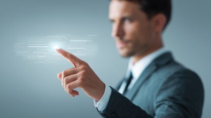 Businessman in a Suit Interacting with Futuristic Digital Interface Touchpoint Concept in a Modern Office Environment