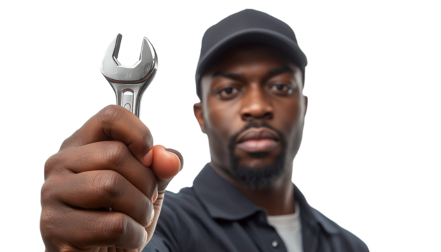 A black man holding a wrench on transparent background - Powered by Adobe