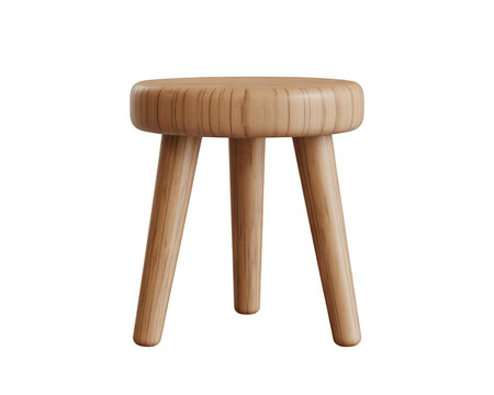 Small wooden stool with three legs and a round seat isolated on a transparent background