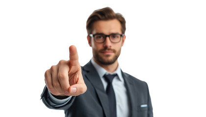 A businessman pointing forward on transparent background