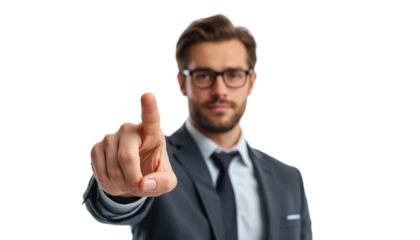 A businessman pointing forward on transparent background