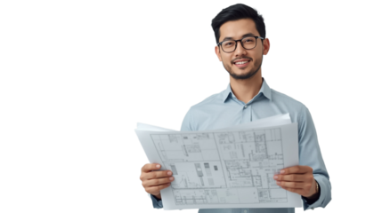 A smiling young architect holding blueprints on transparent background