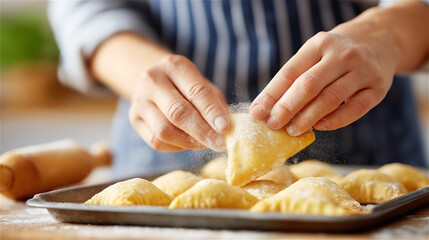 Hands shaping filled pastries on a baking sheet, close-up of home cooking in an apron. Culinary process concept for baking, preparation, family kitchen, and craft food.
