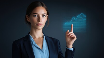 Businesswoman Using Digital Interface to Analyze Data Trends with Ascending Graph Representations in a Professional Setting