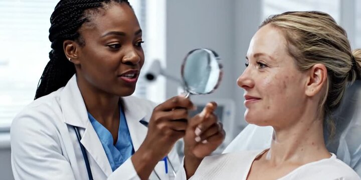 Woman doctor holds magnifier glass examining face skin of woman patient. Doctor checks pores and maps spots explaining care steps for treatment