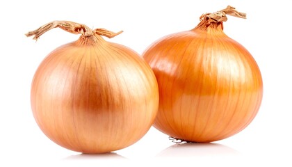 Two golden onions on a white background
