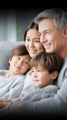 Obraz premium Warm family portrait of Asian parents with two children cuddling on a sofa at home. Love, togetherness, and wellbeing concept, cozy indoor lifestyle with soft natural light.