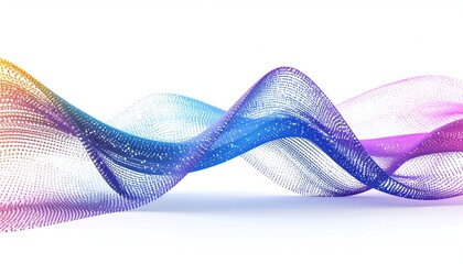 Abstract wave formed by a mesh of colorful, glowing particles on a white background