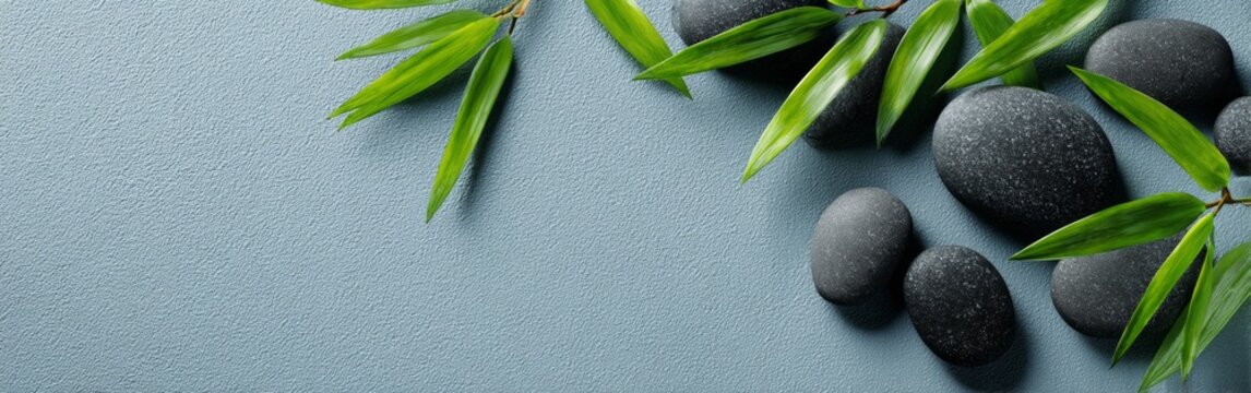 Spa Stones and Bamboo Leaves Create a Banner for Wellness Website or Beauty Blog With Soft Blue-Gray Tones and Copy Space