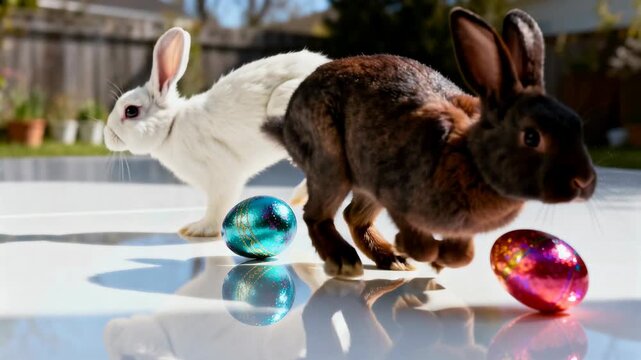 Playful rabbits leaping around colorful easter eggs on reflective surface in bright outdoor spring sunshine, 4k video