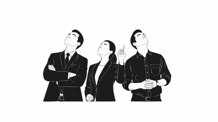 Three business professionals looking upwards with thoughtful expressions.