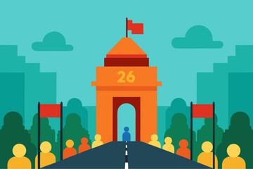 Illustration of a person approaching a gate with a crowd and flags