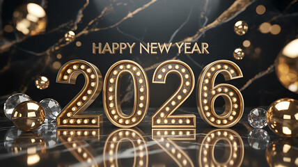 Golden 'Happy New Year 2026' text with champagne glasses and fireworks celebrating new beginnings.