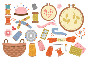 Sewing kit, a collection of hand-drawn flat-style sewing tools and accessories. Embroidery hoops, storage basket, and threads are included. For crafts and hobbies. © Olga Osipchuk	