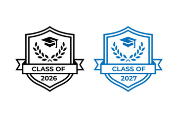 Graduation class of 2026 and 2027 shield badges with laurel wreaths and graduation caps