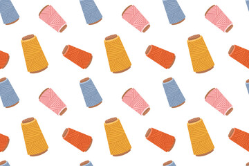 Seamless pattern with a sewing kit, a collection of sewing tools and accessories, hand-drawn in a flat style. Ornament with threads. For crafts and hobbies.