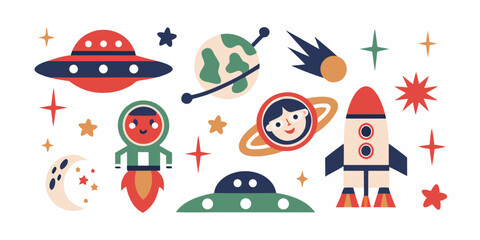 Colorful space exploration scene with planets rockets and cheerful astronauts © Rathin