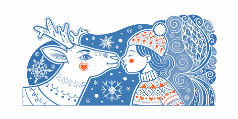 A tender moment girl shares a gentle kiss with a majestic reindeer © Rathin