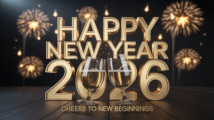 Golden 'Happy New Year 2026' text with champagne glasses and fireworks celebrating new beginnings.