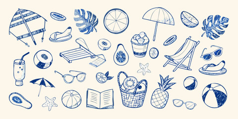 A collection of hand drawn summer elements like beach chairs and tropical fruits