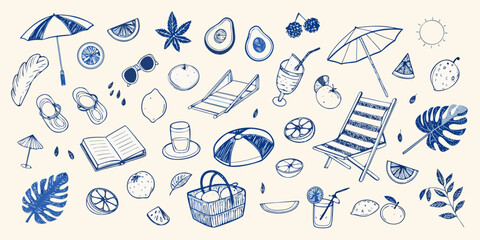 A collection of summer themed doodles fruits beach items and tropical leaves © Sanjoy