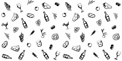 A delightful black and white pattern featuring wine cheese fruit and glassware