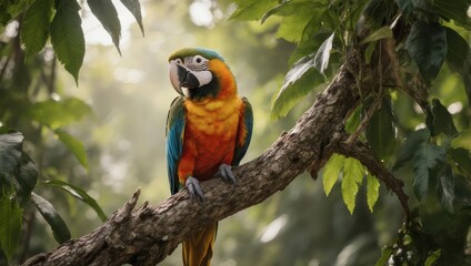Vibrant Blue and Gold Macaw Parrot Perched on a Tree Branch in a Lush Green Forest.