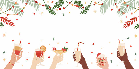 Festive celebration with raised glasses and christmas decorations on white background © Sanjoy
