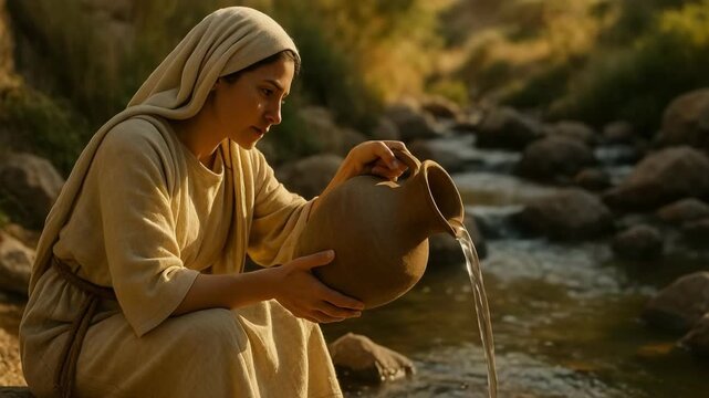 biblical Woman Pouring Water in Gentle Mood with Natural Outdoor Background for Spiritual Concepts. A scene depicting a story from the bible or ancient history