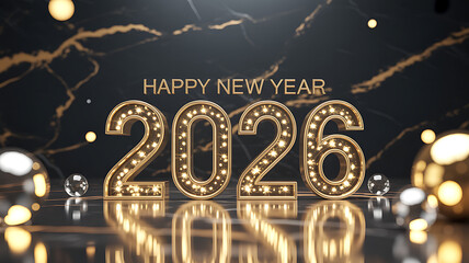 Happy New Year 2026 golden marquee lights on black marble background with bokeh.