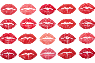 A collection of vibrant red and pink lipstick kisses in a repeating pattern against a black backdrop.