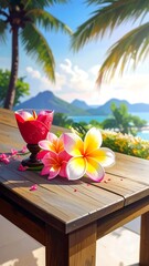 Tropical drink and flowers on a wooden table overlooking a bay