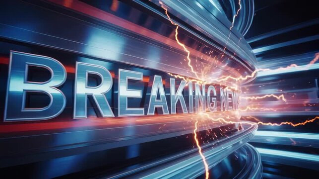 breaking news banner with dynamic electric lightning effects and metallic stripes in dramatic blue and orange motion background, 4k video