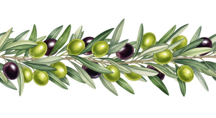 A continuous watercolor olive branch border pattern, featuring fresh green and dark black olives, intricate leaves with vein details on a transparent background, natural elegance concept