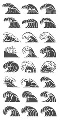 A collection of stylized black and white wave illustrations in varying forms