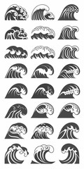 Collection of stylized ocean waves in a repeating grid pattern