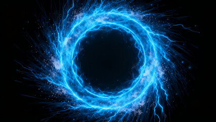 Glowing abstract blue background with circular energy waves and fractal light patterns featuring electric plasma texture and space for text