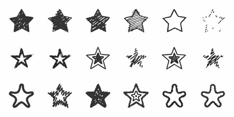 Collection of hand drawn stars with various textures and styles in black