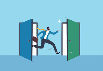 Change job, career transition or move to new opportunity, employee turnover, resignation or leave company, new job, employment, recruitment concept, businessman leave open door to new opportunity.