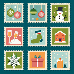 Charming vintage postage stamps featuring festive christmas illustrations and winter themes