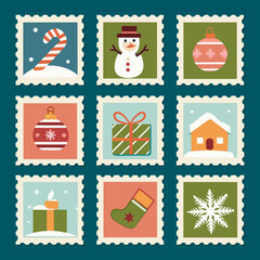 Festive christmas postage stamps with winter holiday illustrations in a grid
