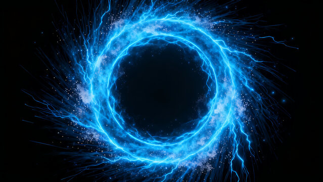 Glowing abstract blue background with circular energy waves and fractal light patterns featuring electric plasma texture and space for text
