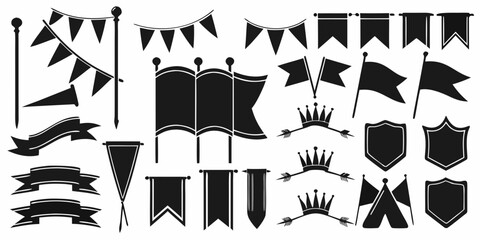 A collection of black and white heraldic flags banners and royal emblems