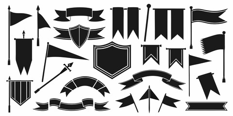 A collection of black and white heraldic flags banners and shield designs