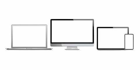 A collection of modern digital devices including laptops monitors and smartphones