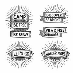 Vintage camping badges with inspirational quotes and sunburst designs
