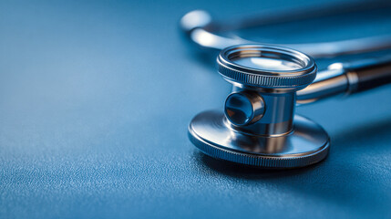 Metal stethoscope placed on a smooth blue surface symbolizing healthcare diagnostics and medical examination tools in professional environments