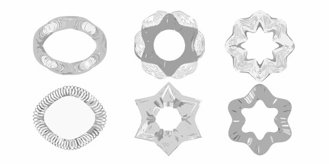 Six abstract geometric shapes in grayscale featuring varying textures and outlines