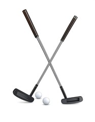 Two golf putters crossed over white balls